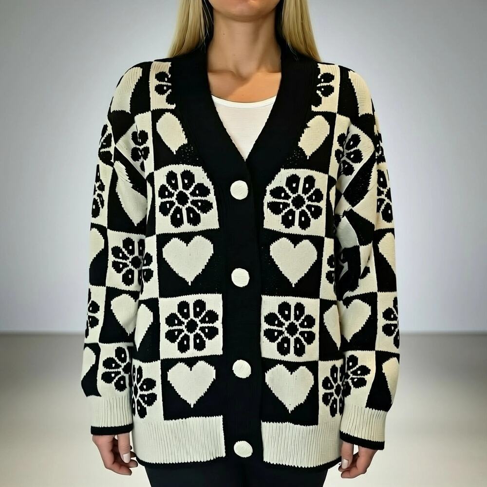 NWT Zara black and white hearts and flowers jacquard knit cardigan. New.